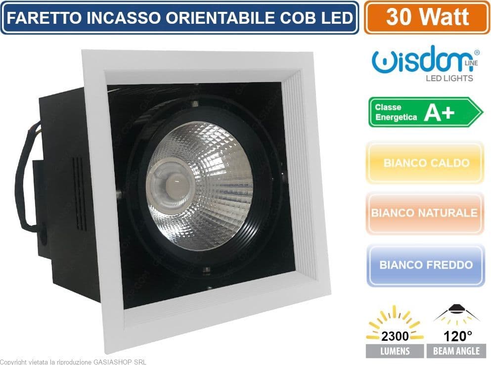 FARO FARETTO LED COB DA INCASSO QUADRATO ORIENTABILE 30W 2300 LUMEN - 3