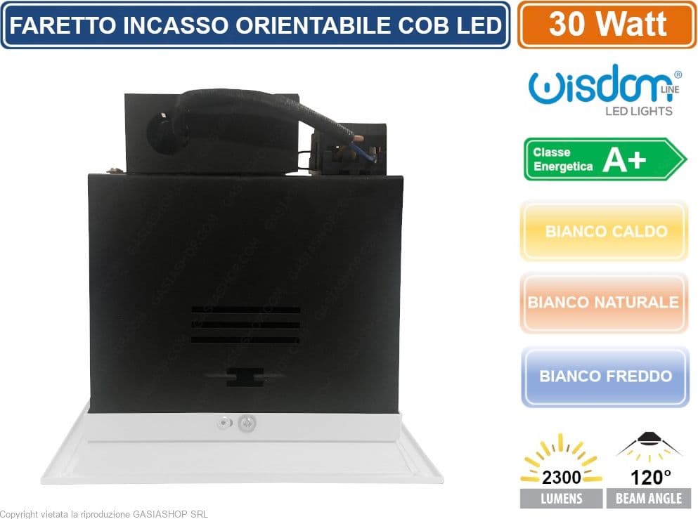 FARO FARETTO LED COB DA INCASSO QUADRATO ORIENTABILE 30W 2300 LUMEN - 2