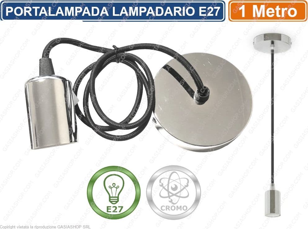LAMPADARIO PORTALAMPADA CROMATO A SOSPENSIONE PER LAMPADINE E27 FILO 1 METRO