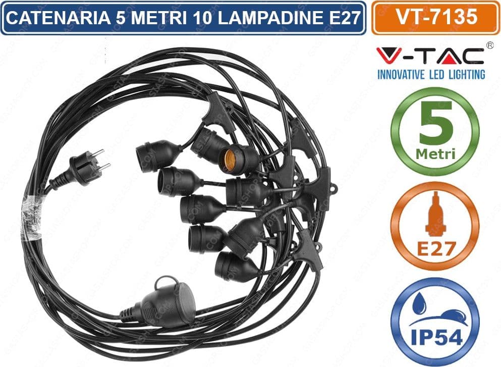 V-TAC VT-7135 CATENA CATENARIA 5 METRI PER 10 LAMPADINE LED E27 PER ESTERNO - SKU 3698 - 2