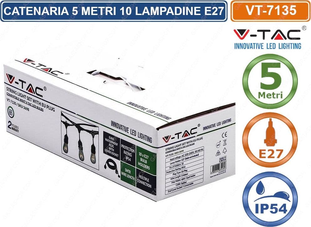 V-TAC VT-7135 CATENA CATENARIA 5 METRI PER 10 LAMPADINE LED E27 PER ESTERNO - SKU 3698 - 3
