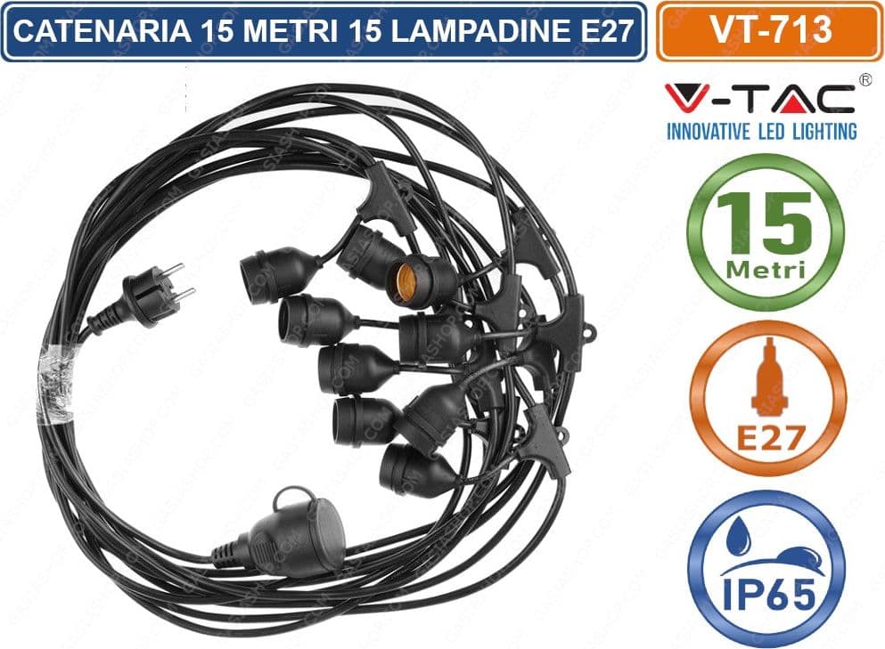 V-TAC VT-713 CATENA CATENARIA 15 METRI PER 15 LAMPADINE LED E27 PER ESTERNO - SKU 3673 - 2
