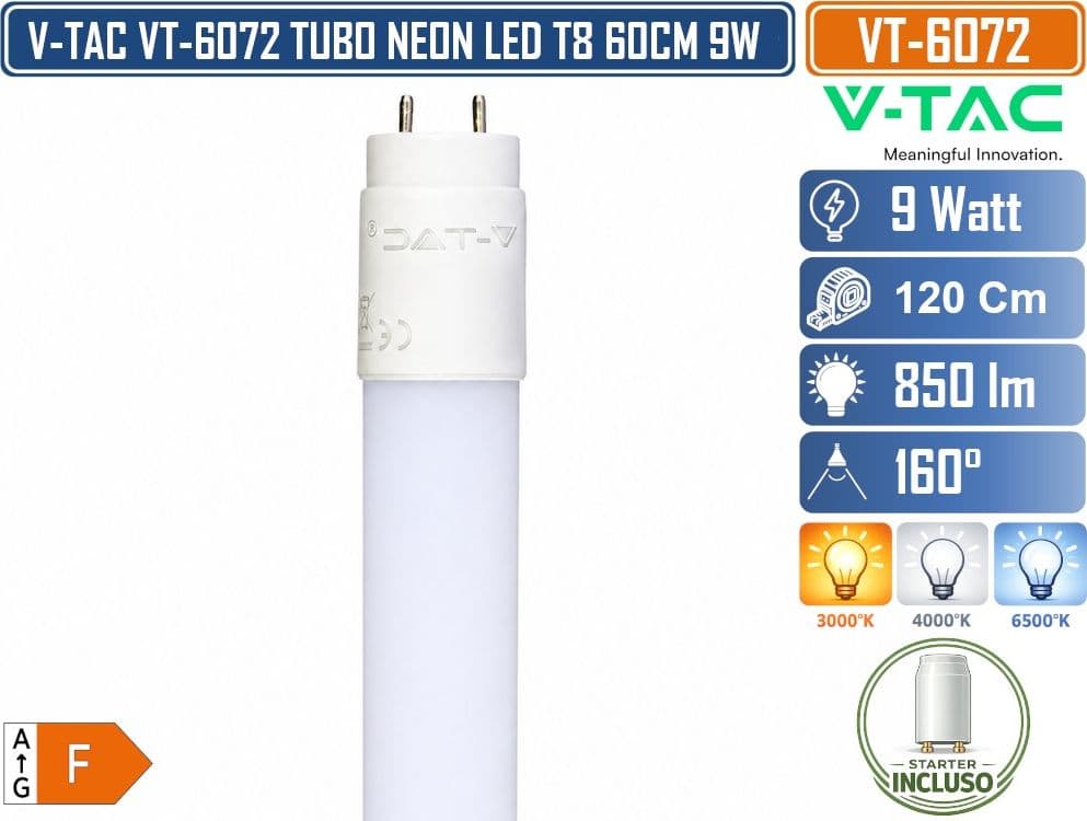 V-TAC VT-6072 TUBO LED T8 G13 9W 60 CM 850 LM IN NANOPLASTICA CON STARTER INCLUSO 3000K 4000K 6500K - 2