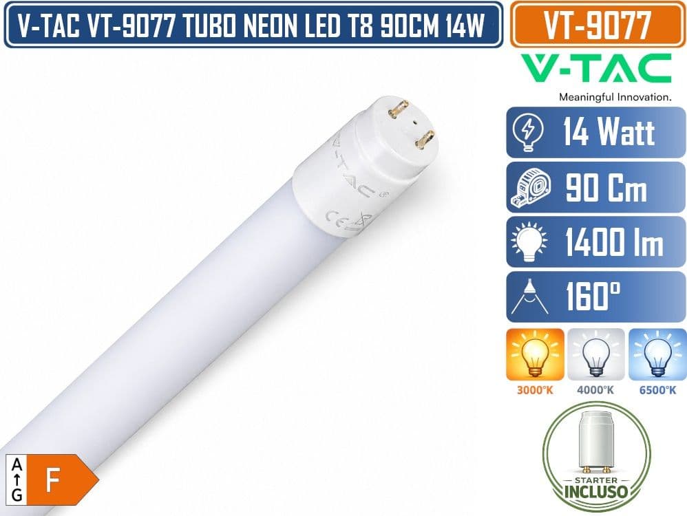 V-TAC VT-9077 TUBO LED T8 G13 14W 90 CM 1400 LM IN NANOPLASTICA CON STARTER INCLUSO 4000K 6500K
