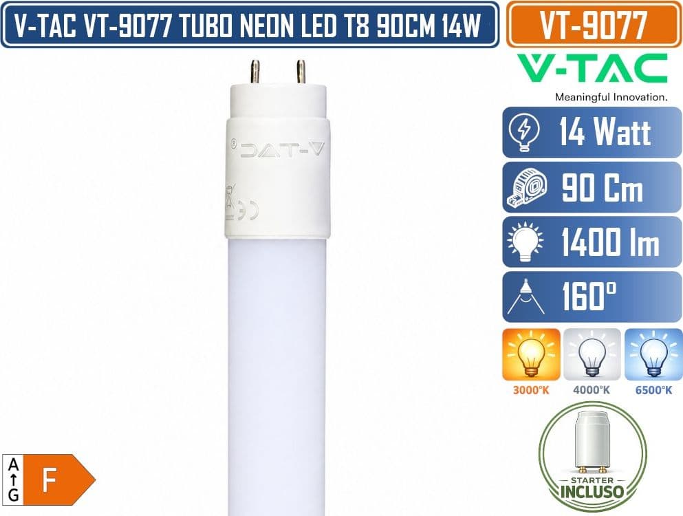 V-TAC VT-9077 TUBO LED T8 G13 14W 90 CM 1400 LM IN NANOPLASTICA CON STARTER INCLUSO 4000K 6500K - 2