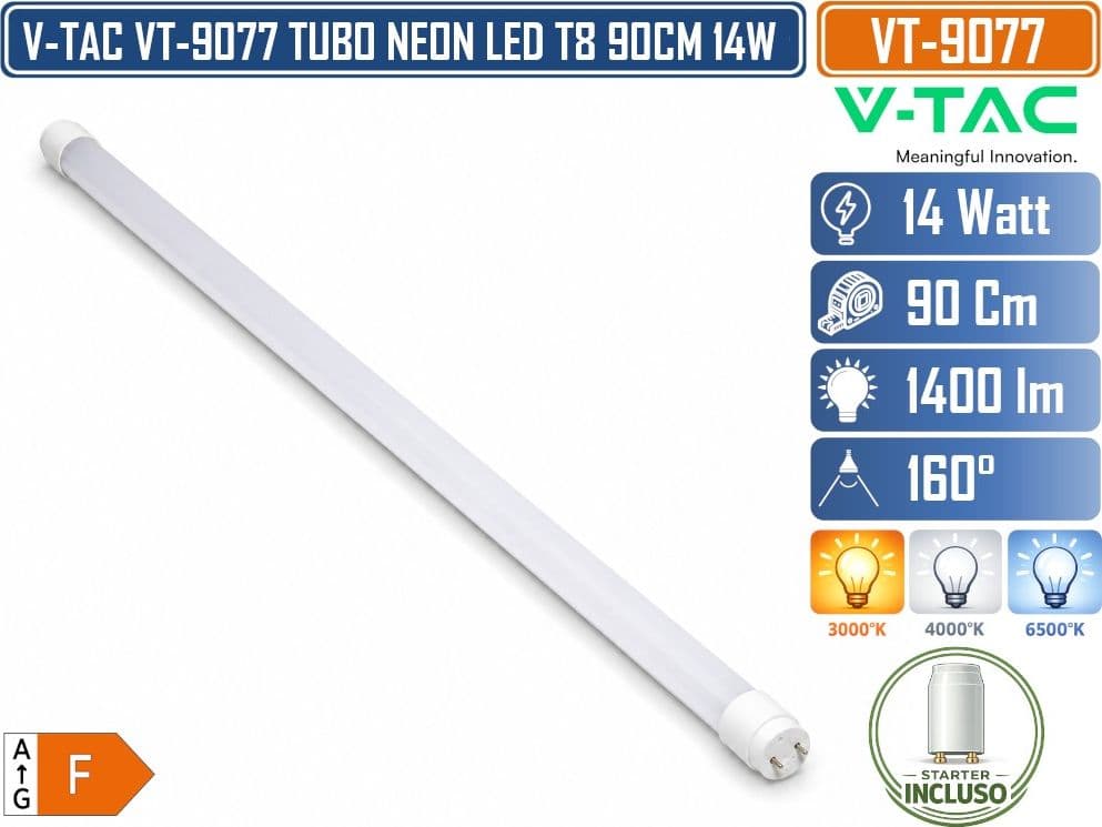 V-TAC VT-9077 TUBO LED T8 G13 14W 90 CM 1400 LM IN NANOPLASTICA CON STARTER INCLUSO 4000K 6500K - 3