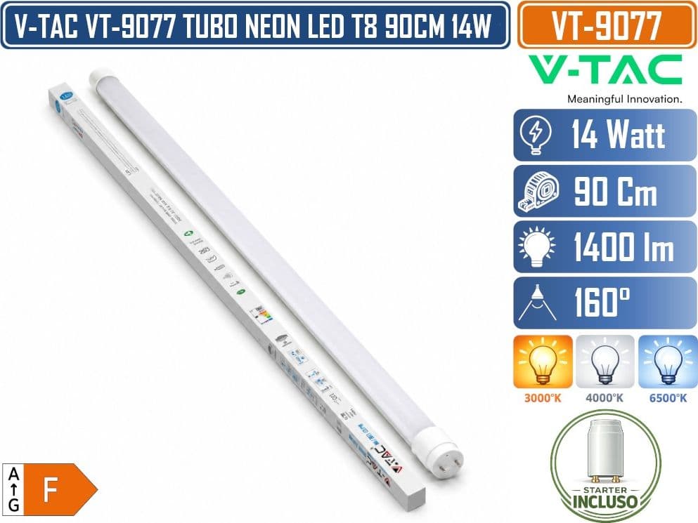 V-TAC VT-9077 TUBO LED T8 G13 14W 90 CM 1400 LM IN NANOPLASTICA CON STARTER INCLUSO 4000K 6500K - 4