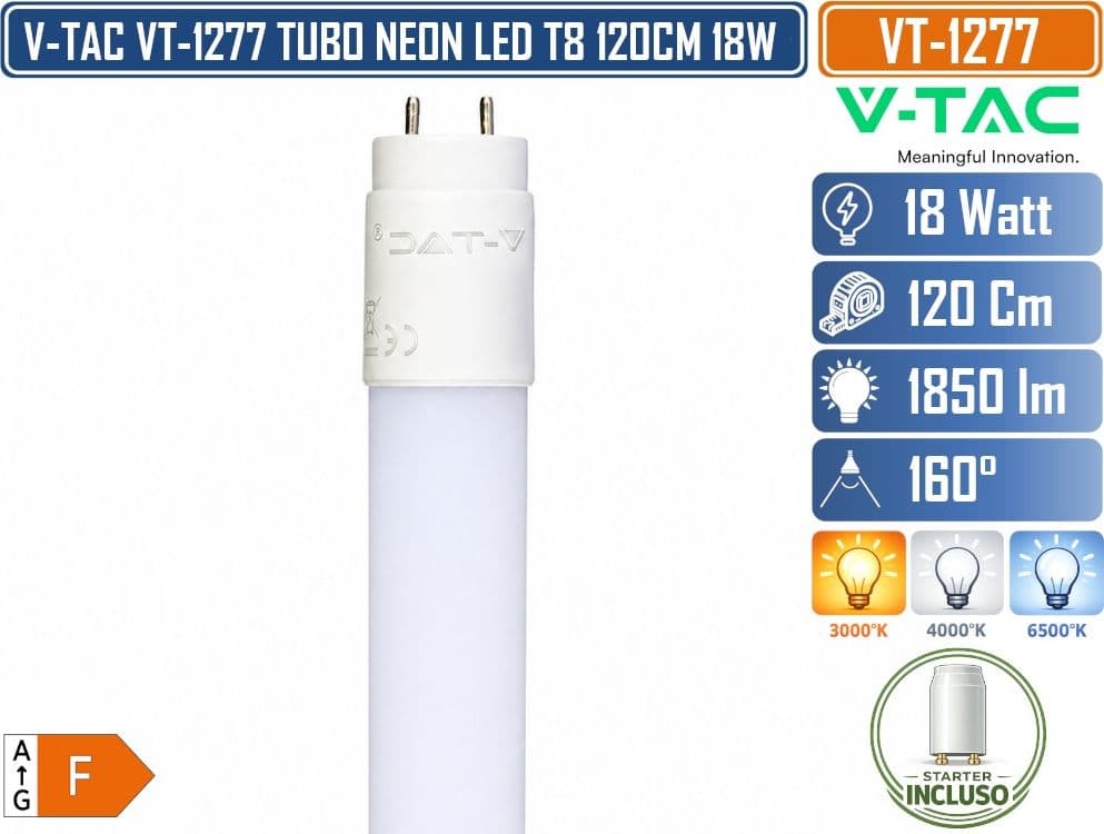 V-TAC VT-1277 TUBO LED T8 G13 18W 120 CM 1850 LM IN NANOPLASTICA CON STARTER INCLUSO 3000K 4000K 6500K - 2
