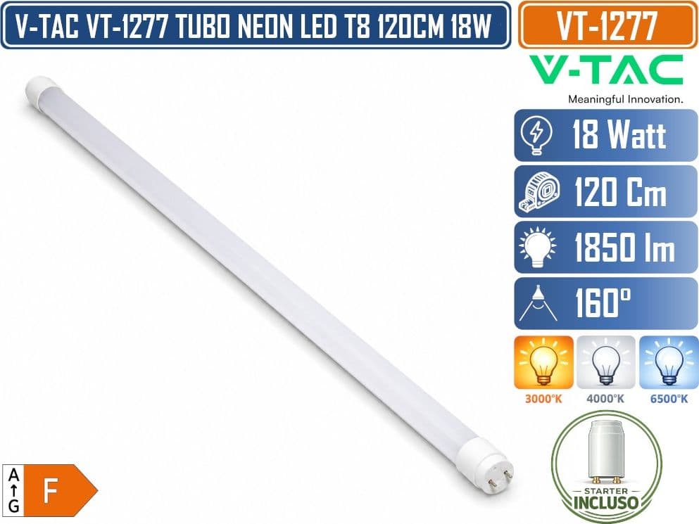 V-TAC VT-1277 TUBO LED T8 G13 18W 120 CM 1850 LM IN NANOPLASTICA CON STARTER INCLUSO 3000K 4000K 6500K - 3