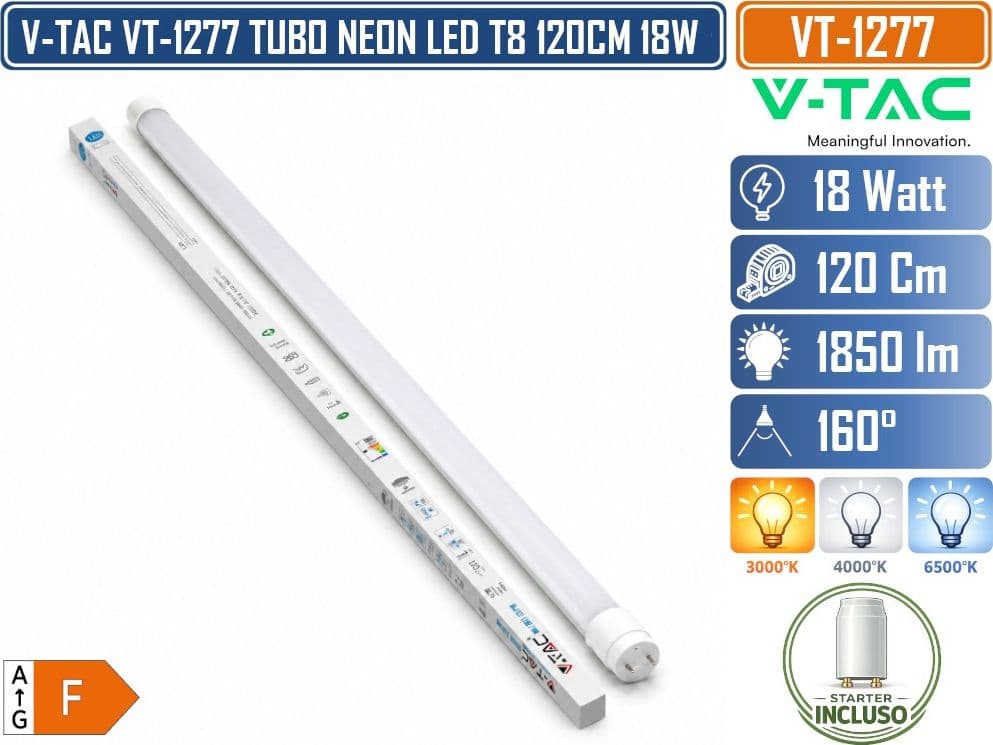 V-TAC VT-1277 TUBO LED T8 G13 18W 120 CM 1850 LM IN NANOPLASTICA CON STARTER INCLUSO 3000K 4000K 6500K - 4