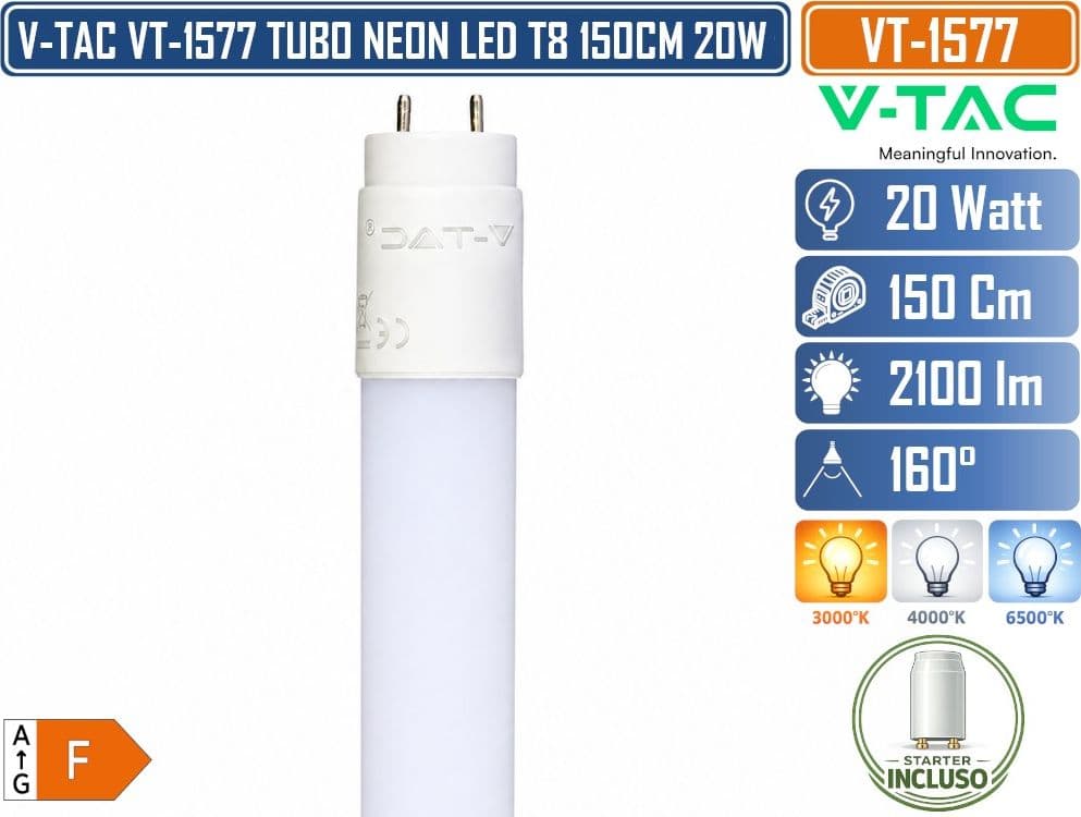 V-TAC VT-1577 TUBO LED T8 G13 20W 150 CM 2100 LM IN NANOPLASTICA CON STARTER INCLUSO 3000K 4000K 6500K - 2