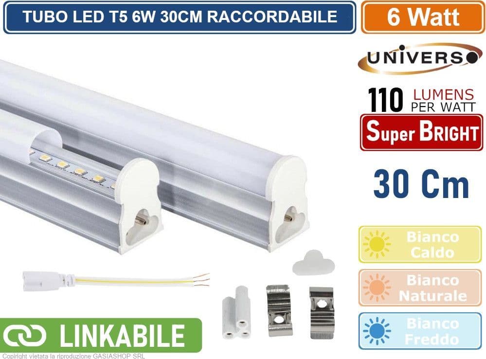 TUBO NEON LED SMD PLAFONIERA T5 RACCORDABILE DA 30CM 6 WATT 660 LUMEN - 6