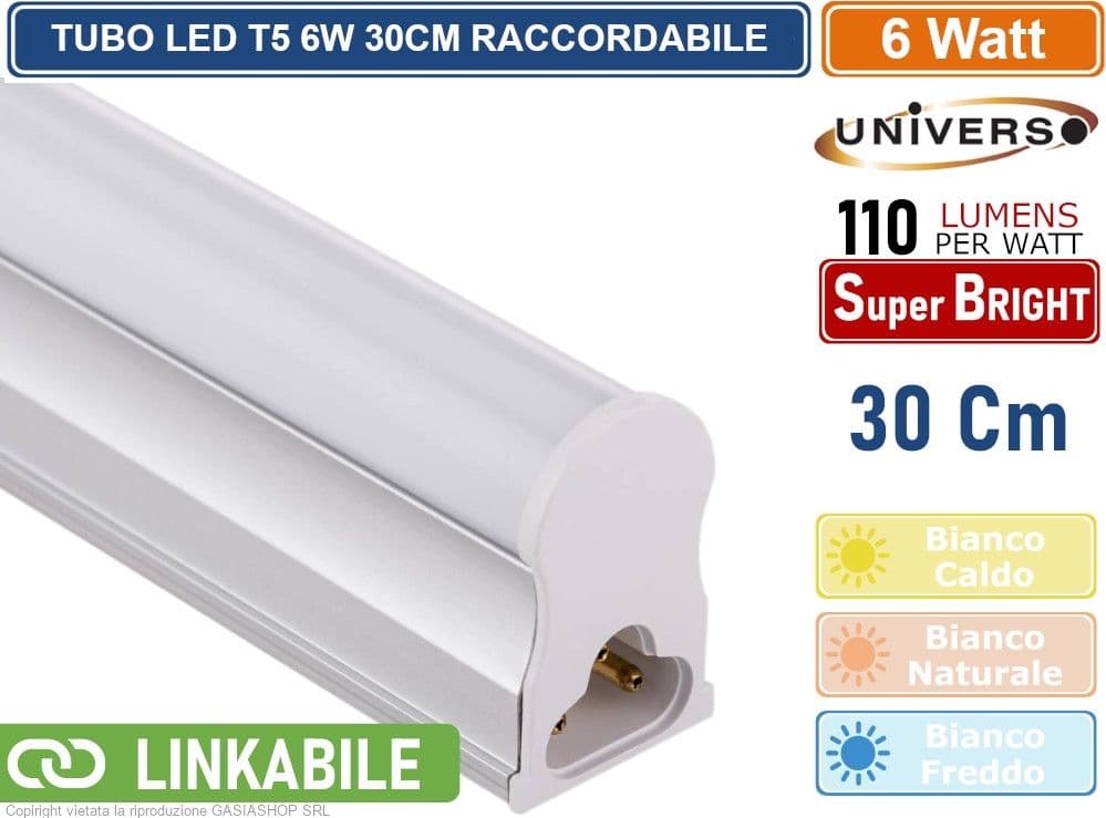 TUBO NEON LED SMD PLAFONIERA T5 RACCORDABILE DA 30CM 6 WATT 660 LUMEN - 2