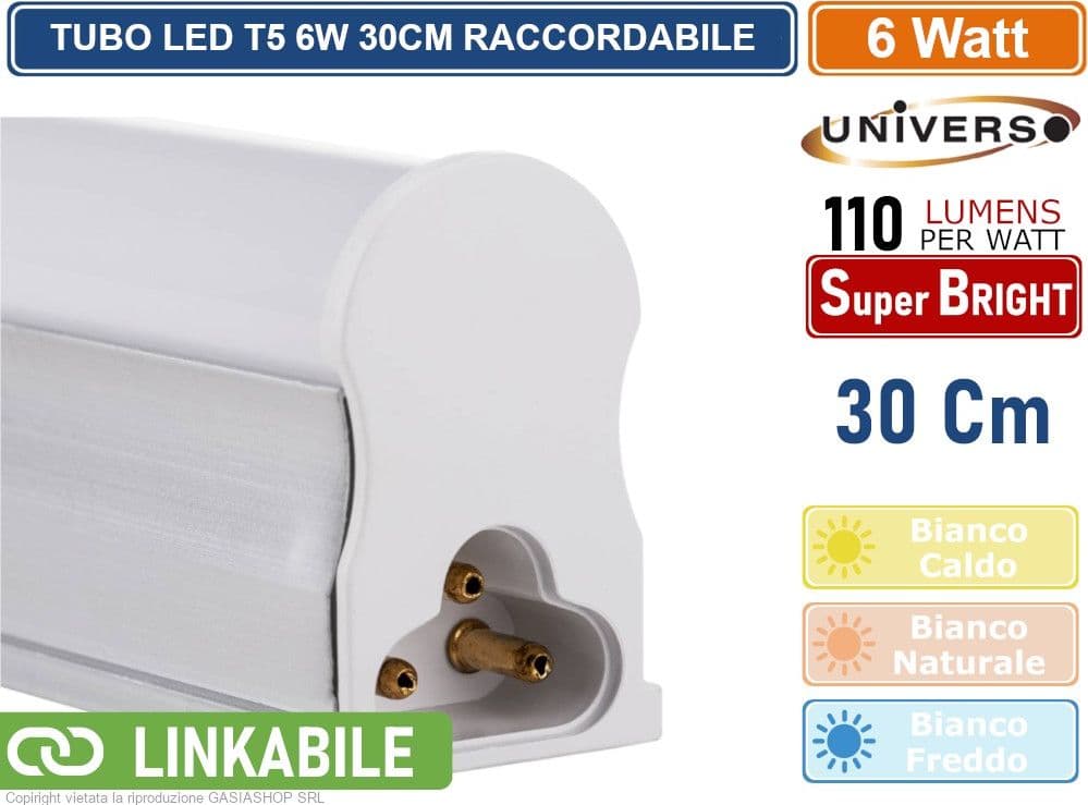 TUBO NEON LED SMD PLAFONIERA T5 RACCORDABILE DA 30CM 6 WATT 660 LUMEN - 3