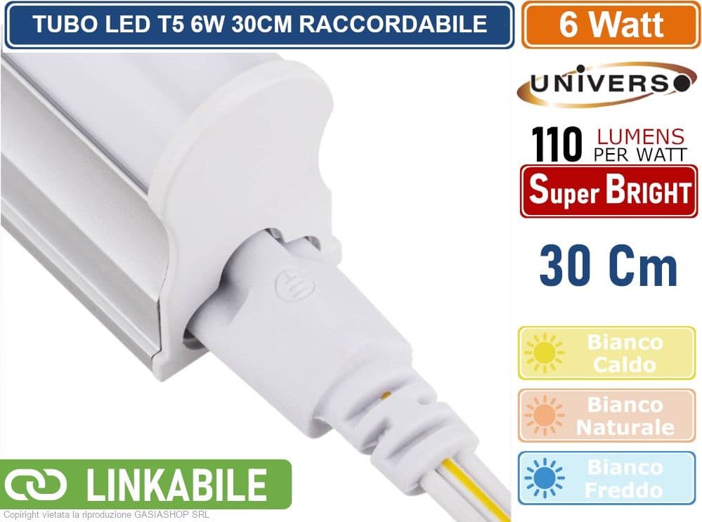 TUBO NEON LED SMD PLAFONIERA T5 RACCORDABILE DA 30CM 6 WATT 660 LUMEN - 4