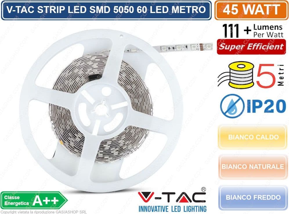 V-TAC STRIP STRISCIA LED MONOCOLORE 5 METRI SMD 5050 60 LED METRO IP20 45W 5000 LUMEN SKU 2122-2143-2126 - 2