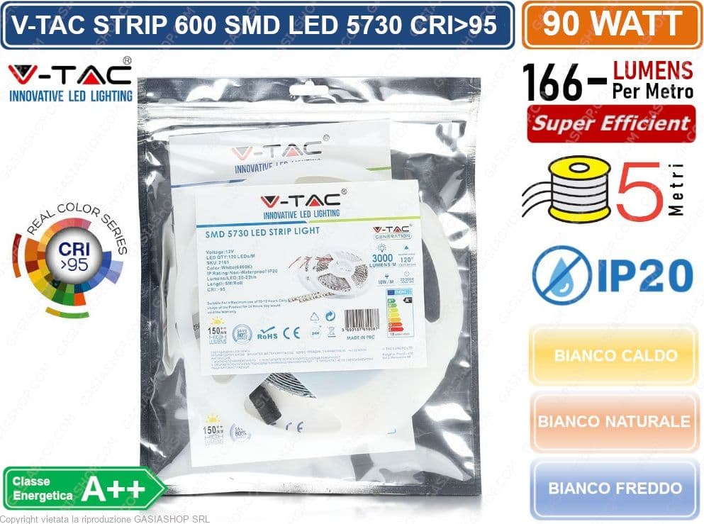 V-TAC STRIP STRISCIA LED MONOCOLORE 5 METRI SMD 5730 120 LED METRO IP20 90W 15000 LUMEN CRI>95 - 2