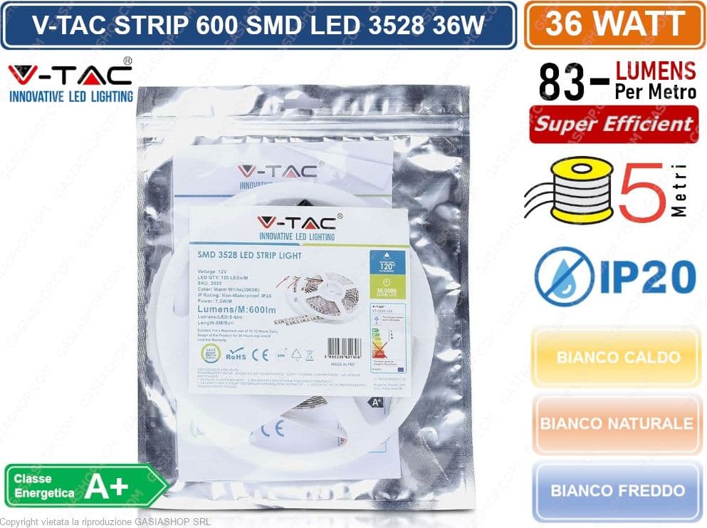 V-TAC STRIP STRISCIA LED MONOCOLORE 5 METRI SMD 3528 120 LED METRO IP20 36W 3000 LUMEN - 2