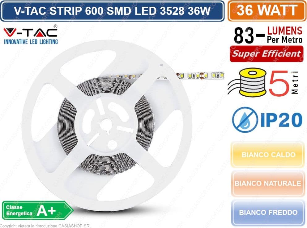 V-TAC STRIP STRISCIA LED MONOCOLORE 5 METRI SMD 3528 120 LED METRO IP20 36W 3000 LUMEN - 3