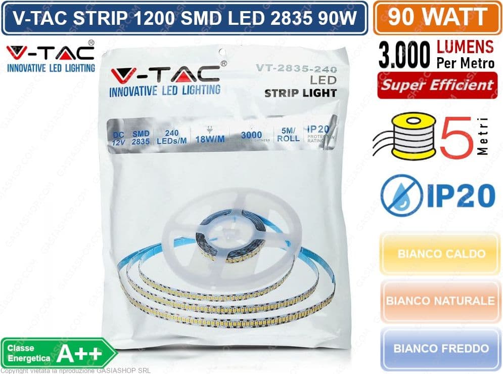 V-TAC STRIP STRISCIA LED MONOCOLORE 5 METRI SMD 2835 240 LED METRO IP20 90W 15000 LUMEN - 2
