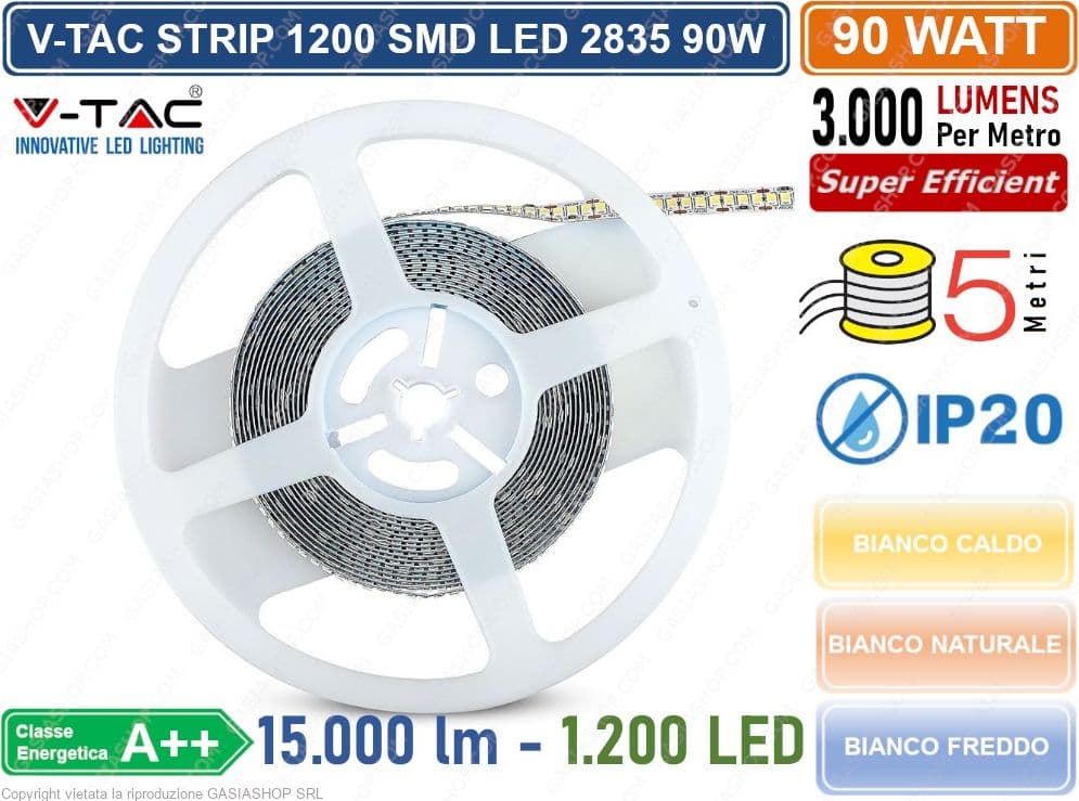 V-TAC STRIP STRISCIA LED MONOCOLORE 5 METRI SMD 2835 240 LED METRO IP20 90W 15000 LUMEN - 3