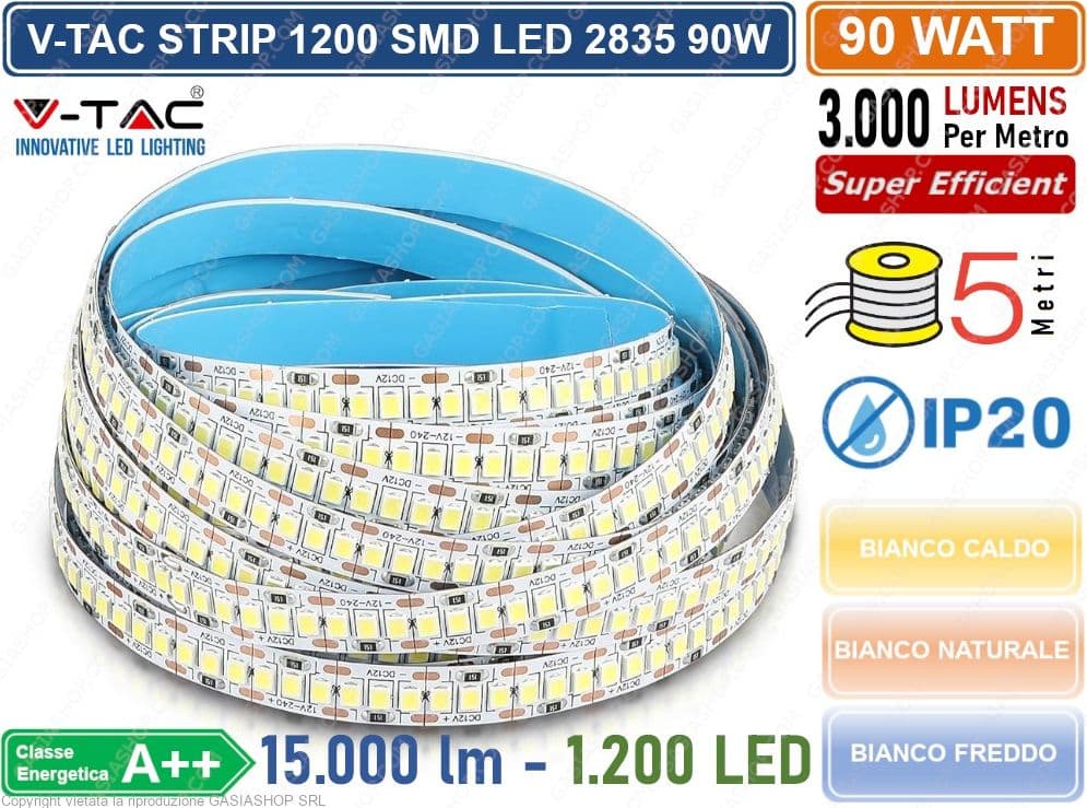 V-TAC STRIP STRISCIA LED MONOCOLORE 5 METRI SMD 2835 240 LED METRO IP20 90W 15000 LUMEN - 4