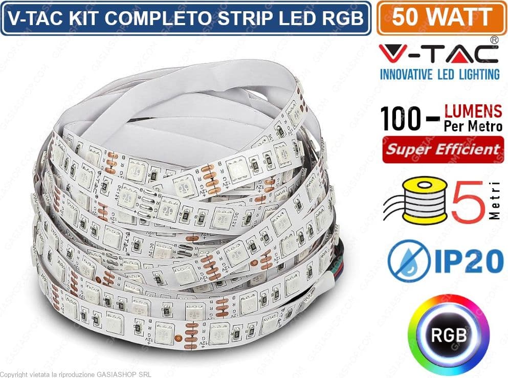 V-TAC VT-5050 KIT CON STRISCIA LED 5050 MULTICOLORE RGB 5MT CONTROLLER E ALIMENTATORE - SKU 2558 - 2
