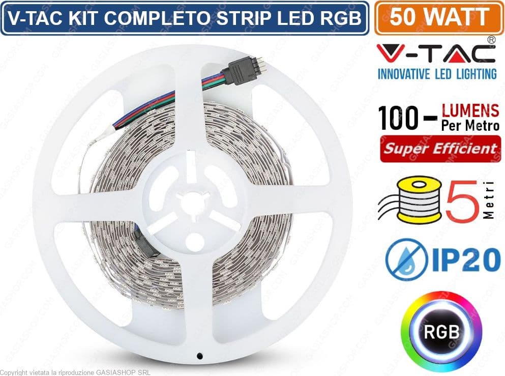 V-TAC VT-5050 KIT CON STRISCIA LED 5050 MULTICOLORE RGB 5MT CONTROLLER E ALIMENTATORE - SKU 2558 - 3