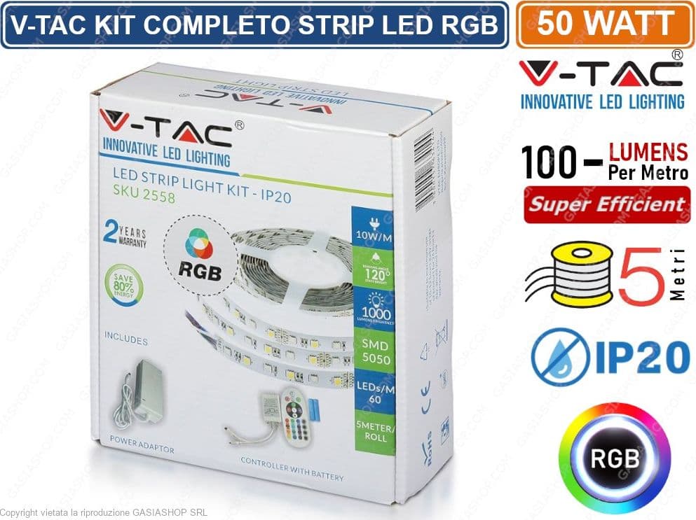 V-TAC VT-5050 KIT CON STRISCIA LED 5050 MULTICOLORE RGB 5MT CONTROLLER E ALIMENTATORE - SKU 2558 - 4