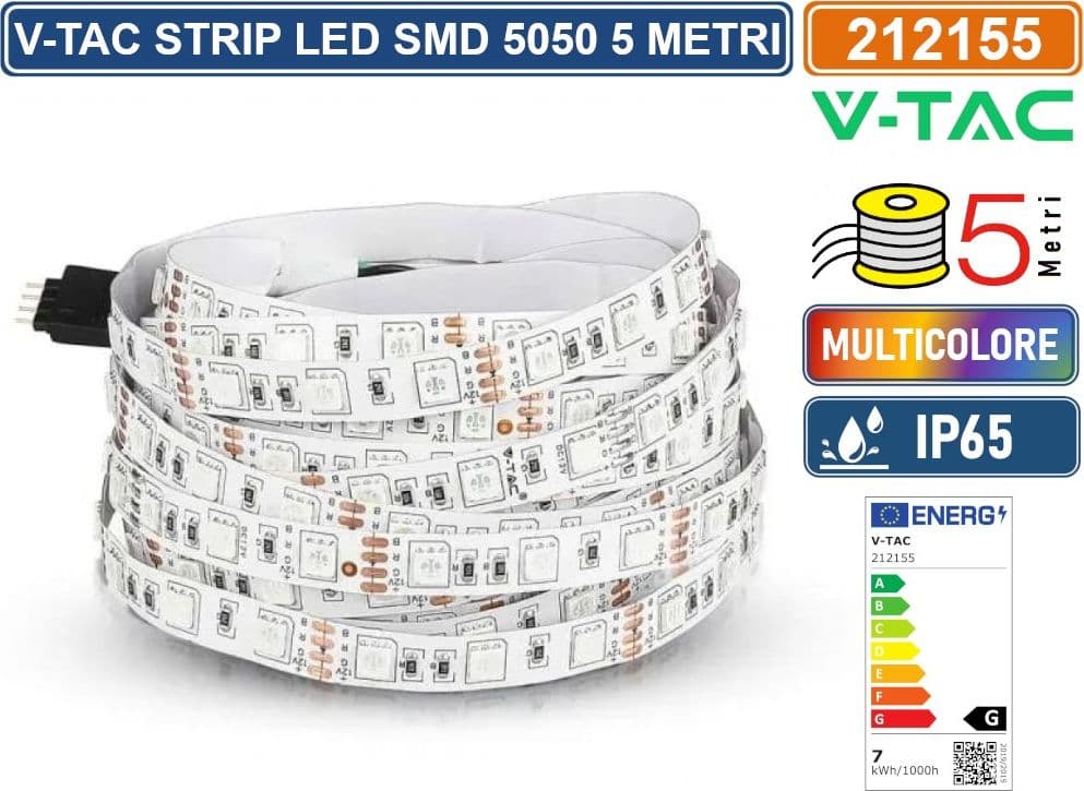V-TAC VT-5050-60 STRISCIA LED FLESSIBILE 35W SMD RGB 60 LED/METRO 12V IP65 - BOBINA DA 5 METRI - SKU 212155 - 2