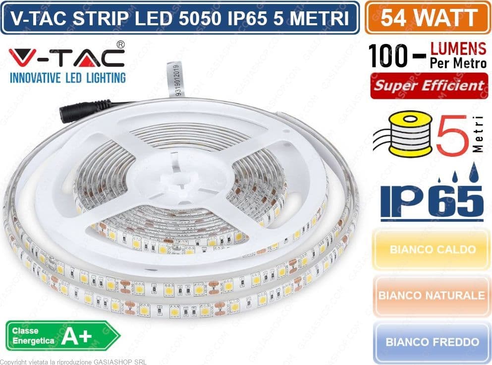 V-TAC STRISCIA LED 5050 IMPERMEABILE MONOCOLORE 300 LED BOBINA DA 5 METRI IP65 - SKU 2149 2150 2148 - 5