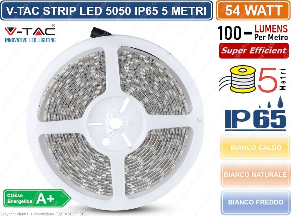 V-TAC STRISCIA LED 5050 IMPERMEABILE MONOCOLORE 300 LED BOBINA DA 5 METRI IP65 - SKU 2149 2150 2148 - 2