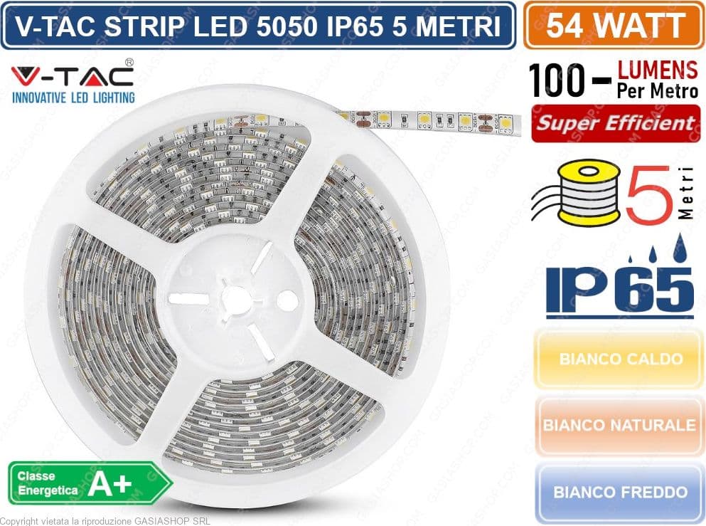 V-TAC STRISCIA LED 5050 IMPERMEABILE MONOCOLORE 300 LED BOBINA DA 5 METRI IP65 - SKU 2149 2150 2148 - 3