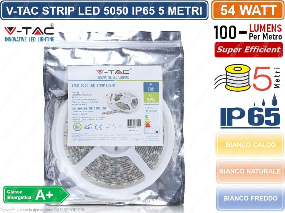 V-TAC STRISCIA LED 5050 IMPERMEABILE MONOCOLORE 300 LED BOBINA DA 5 METRI IP65 - SKU 2149 2150 2148 - 4