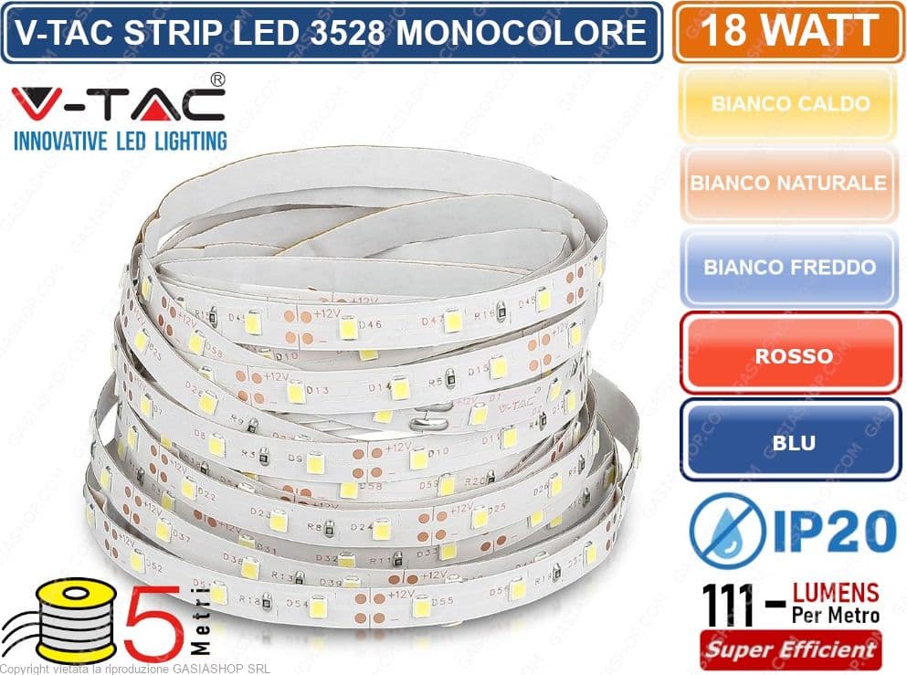 V-TAC STRISCIA LED 3528 MONOCOLORE 300 LED BLU ROSSA CALDA FREDDA NATURALE BOBINA DA 5 METRI IP20 - 2