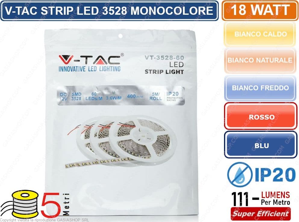 V-TAC STRISCIA LED 3528 MONOCOLORE 300 LED BLU ROSSA CALDA FREDDA NATURALE BOBINA DA 5 METRI IP20 - 4
