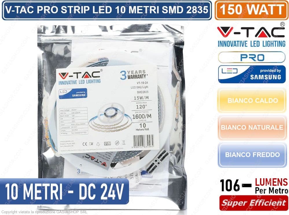 V-TAC PRO VT-10-24 STRISCIA LED 2835 MONOCOLORE 240 LED/METRO 24V CHIP SAMSUNG - BOBINA DA 10 METRI IP20 - SKU 320 / 21321 / 21322 - 4