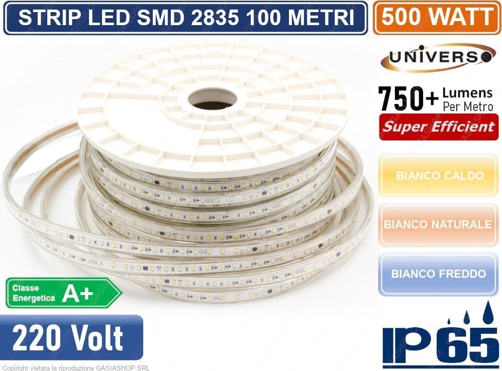 STRISCIA LED 3528 IMPERMEABILE IP65 220V MONOCOLORE 120 LED/METRO - BOBINA DA 100 METRI – Bianco Caldo – Universo