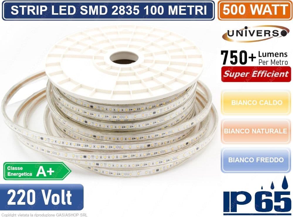 STRISCIA LED 3528 IMPERMEABILE IP65 220V MONOCOLORE 120 LED/METRO - BOBINA DA 100 METRI