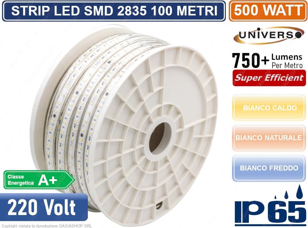 STRISCIA LED 3528 IMPERMEABILE IP65 220V MONOCOLORE 120 LED/METRO - BOBINA DA 100 METRI - 2