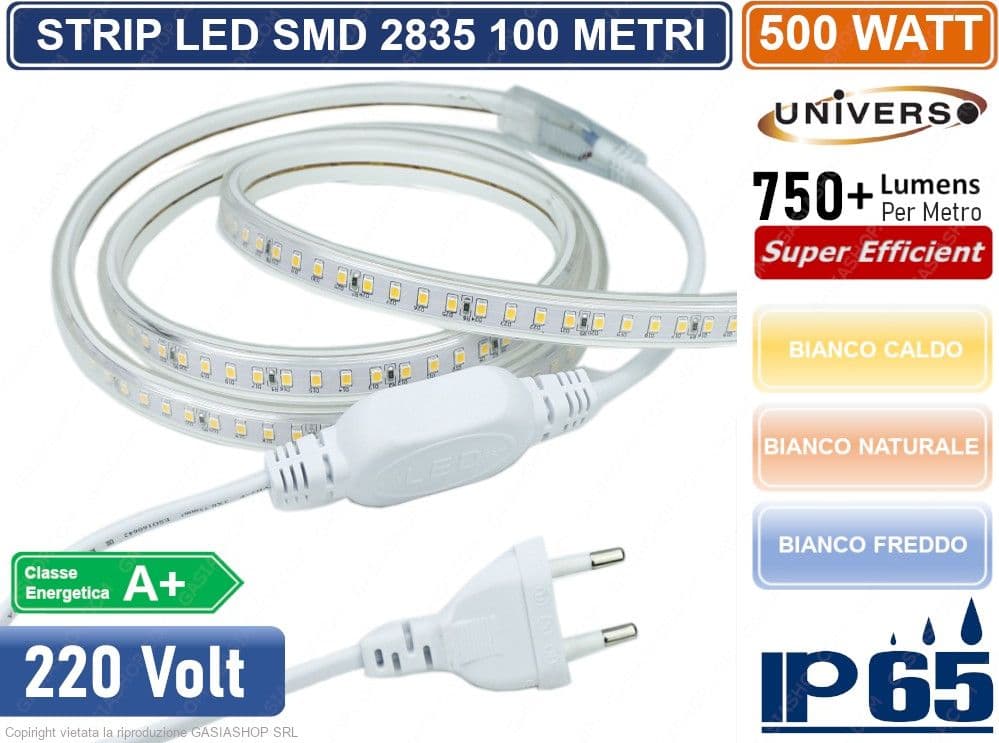 STRISCIA LED 3528 IMPERMEABILE IP65 220V MONOCOLORE 120 LED/METRO - BOBINA DA 100 METRI - 3