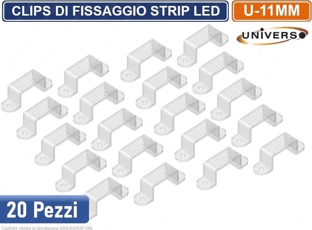 CONFENZIONE 20 PEZZI CLIPS GANCI DI FISSAGGIO PER STRIP LED 11MM - 2