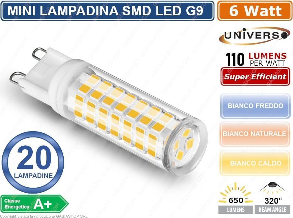 CONFEZIONE 20 MINI LAMPADINA CORN TUBOLARE LED SMD 2835 G9 6W WATT 680 LUMEN LUCE CALDA NATURALE FREDDA - 4