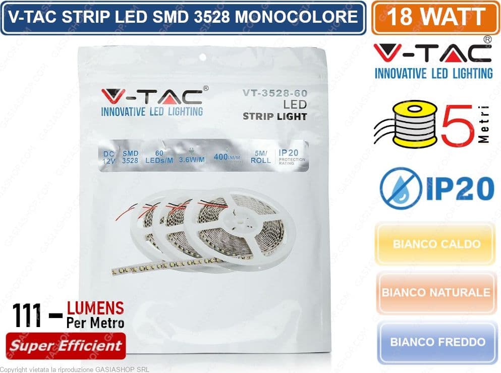 V-TAC STRISCIA LED 3528 MONOCOLORE 60LED/METRO - BOBINA DA 5 METRI - SKU 2016 / 2041 / 2005 - 2