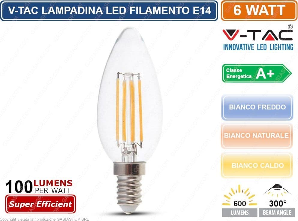 V-TAC VT-2127 LAMPADINA LED E14 6W CANDELA FILAMENTO - SKU 7423 / 217424 / 7425 - 2