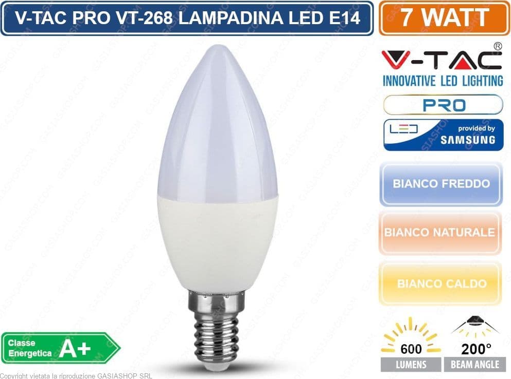 V-TAC PRO VT-268 LAMPADINA LED E14 7W CANDELA CHIP SAMSUNG - SKU 111 / 112 / 113 - 3