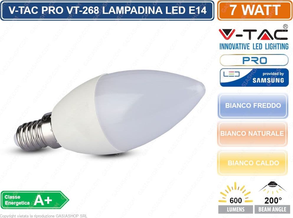 V-TAC PRO VT-268 LAMPADINA LED E14 7W CANDELA CHIP SAMSUNG - SKU 111 / 112 / 113 - 2