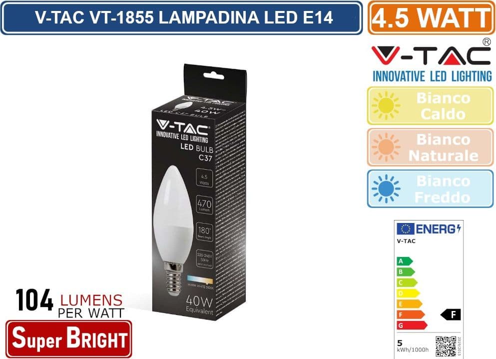 CONFEZIONE 5 PEZZI V-TAC VT-1855 LAMPADINA LED E14 4,5W CANDELA - SKU 2142151 / 2142581 / 2142411 - 3
