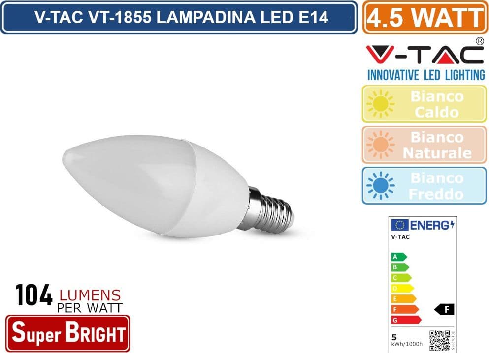 CONFEZIONE 15 PEZZI V-TAC VT-1855 LAMPADINA LED E14 4,5W CANDELA - SKU 2142151 / 2142581 / 4212411 - 2