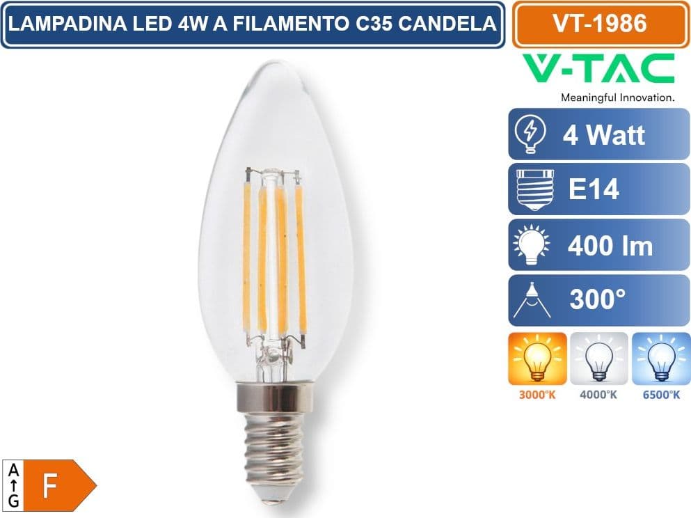 V-TAC VT-1986 LAMPADINA LED E14 4W CANDLE BULB C35 CANDELA FILAMENT VETRO TRASPARENTE - 3000K 4000K 6500K - 2